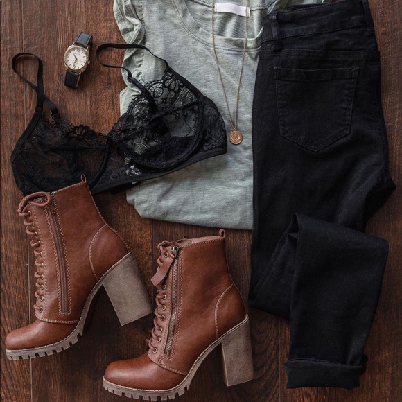 Tan Lace Up High Chunky Heel Combat Boots - Picture 8 of 11